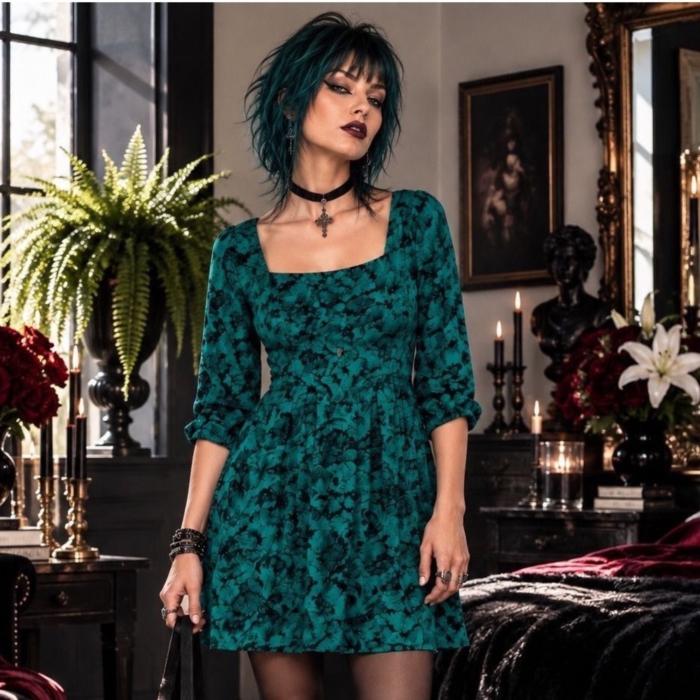 Maeve Anthropologie 0 Teal Black Floral Square Neck Mini Dress